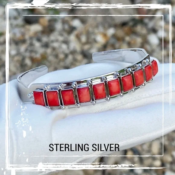 Red Coral Row Sterling Silver Cuff Bracelet - Picture 3 of 11